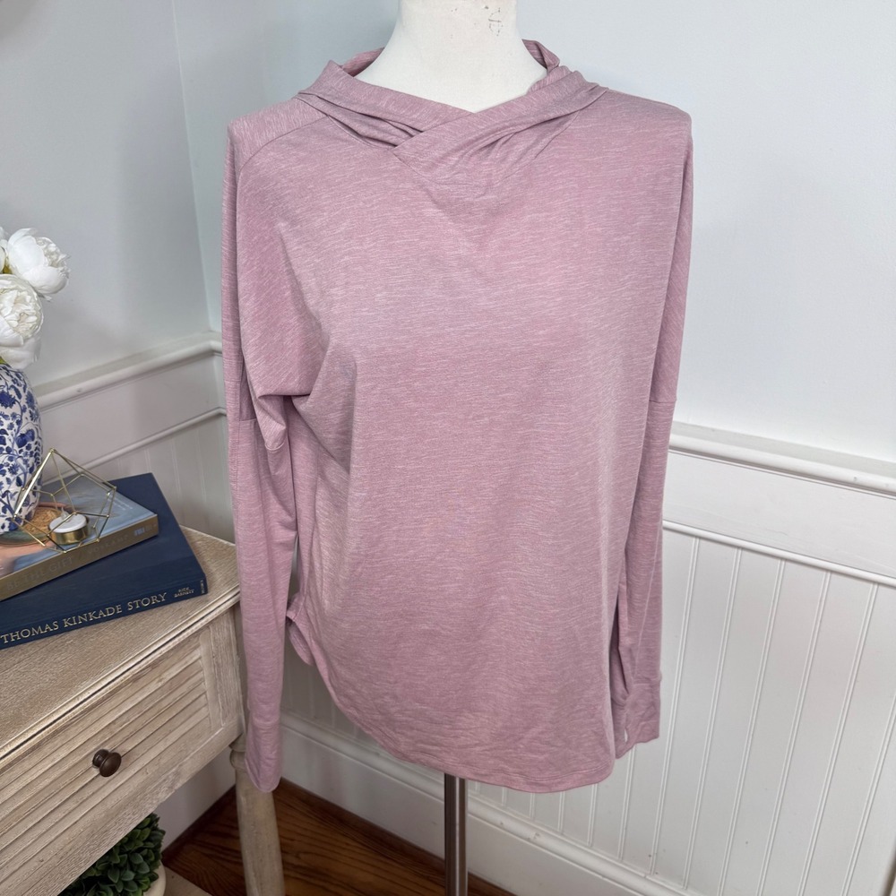 REI Co-op Womens Large Pink Heathered Crossover Hoodie Thumbhole Active Top